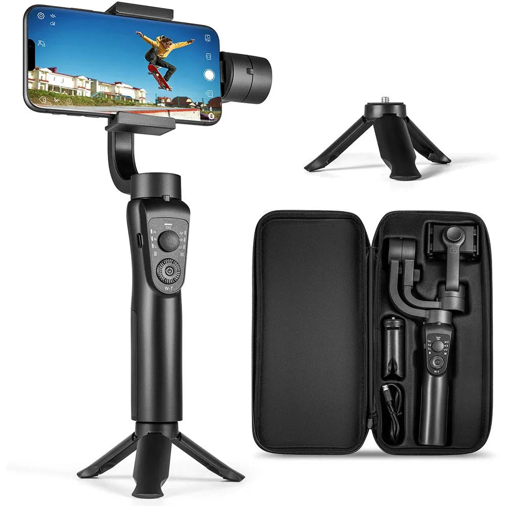 Black three-axis handheld gimbal stabiliser for mobile phones with tripod and protective cases