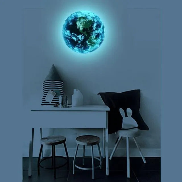 Glow in the dark 3D Earth planet wall sticker in three size options on a wall.