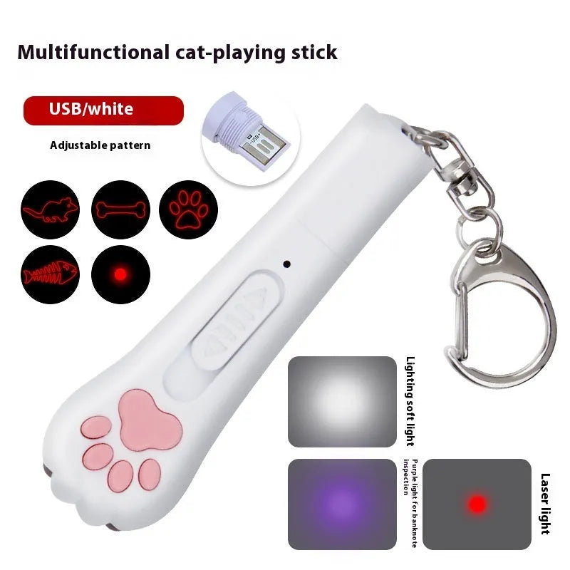 Rechargeable infrared cat teasing stick with laser patterns, shown in blue colour with cat footprints design.
