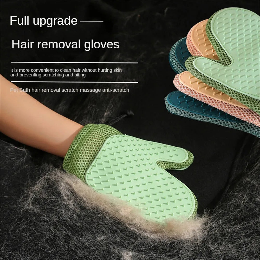 Dark blue pet hair removal grooming glove for right hand on a fabric sofa.