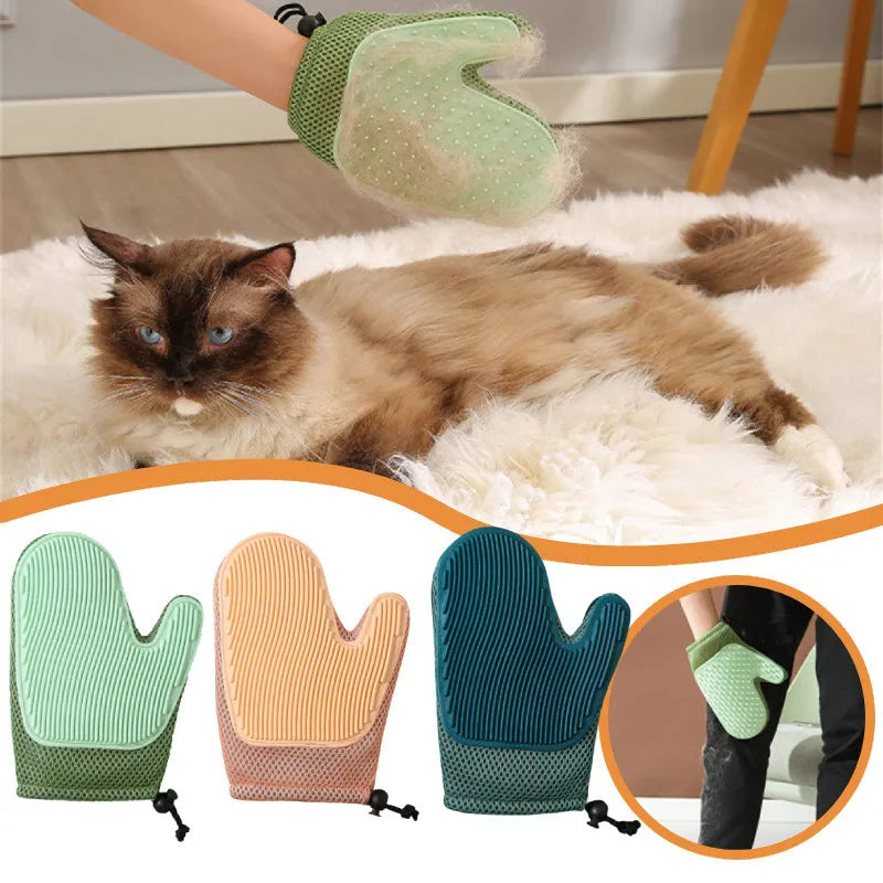 Dark blue pet hair removal grooming glove for right hand on a fabric sofa.