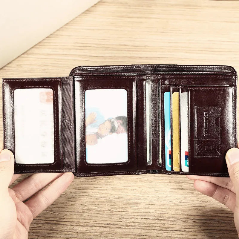 Men's leather wallet showing multiple internal compartments for cards, cash, coins and photos