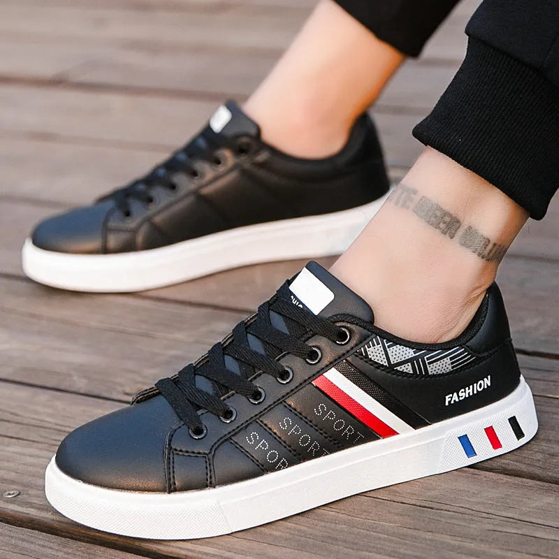 Black, grey, and white sports shoes showing Asian size tags from 39 to 44