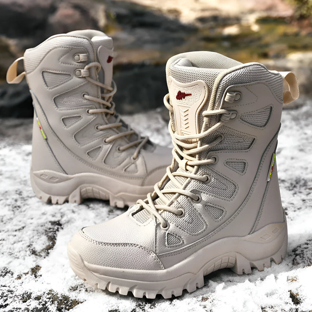Men's black cowhide hi-top hiking shoes with platform sole for outdoor running and camping