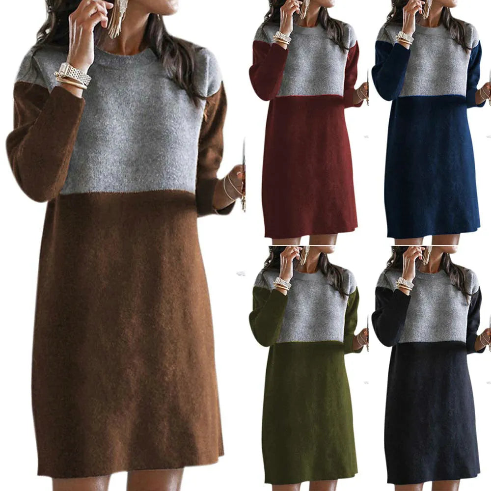 Brown polar fleece patchwork dress with long sleeves and round neck collar