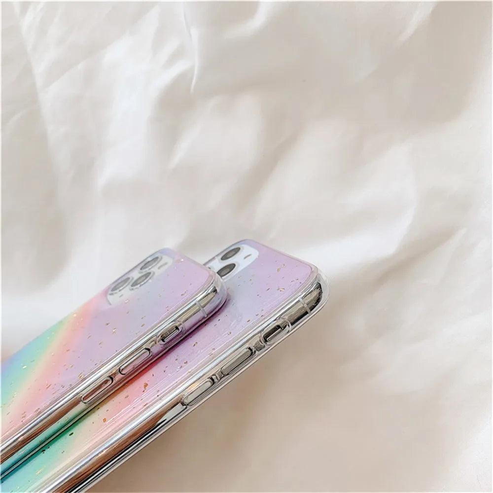 Rainbow gradient iPhone case with striped design for various models.