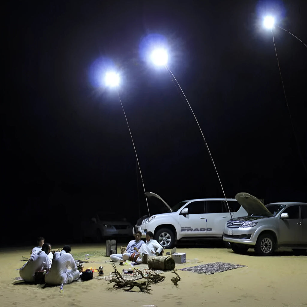 LED fishing rod light with telescopic pole showing 96 white LEDs and remote control
