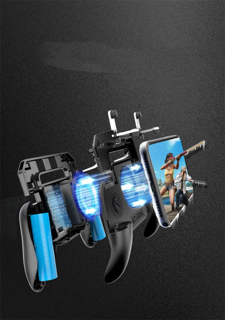 Black USB mobile game controller for smartphones with aluminium alloy sides and ergonomic grip.