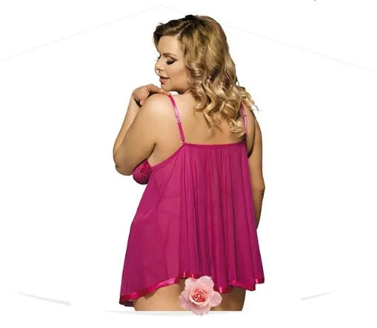 Plus-size black lace and mesh sling dress lingerie for sleepwear, shown on a hanger.