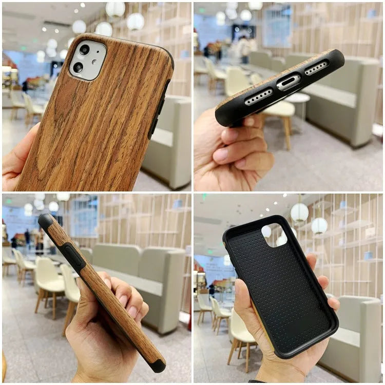 Wood phone case for iPhone showing rosewood, teak, and walnut timber options with natural grain patterns