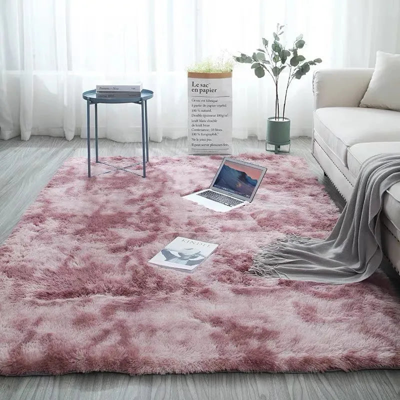 Long hair tie-dyed gradient polyester carpet in a living room setting showing soft texture and colour transition