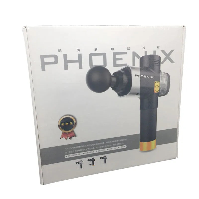 Silver and black fascia massage gun with four interchangeable heads on white background