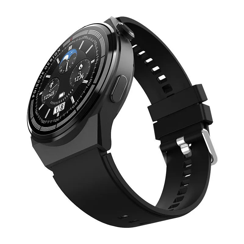 Black smartwatch with a circular 1.39-inch screen on a silicone strap, showing NFC and health icons.