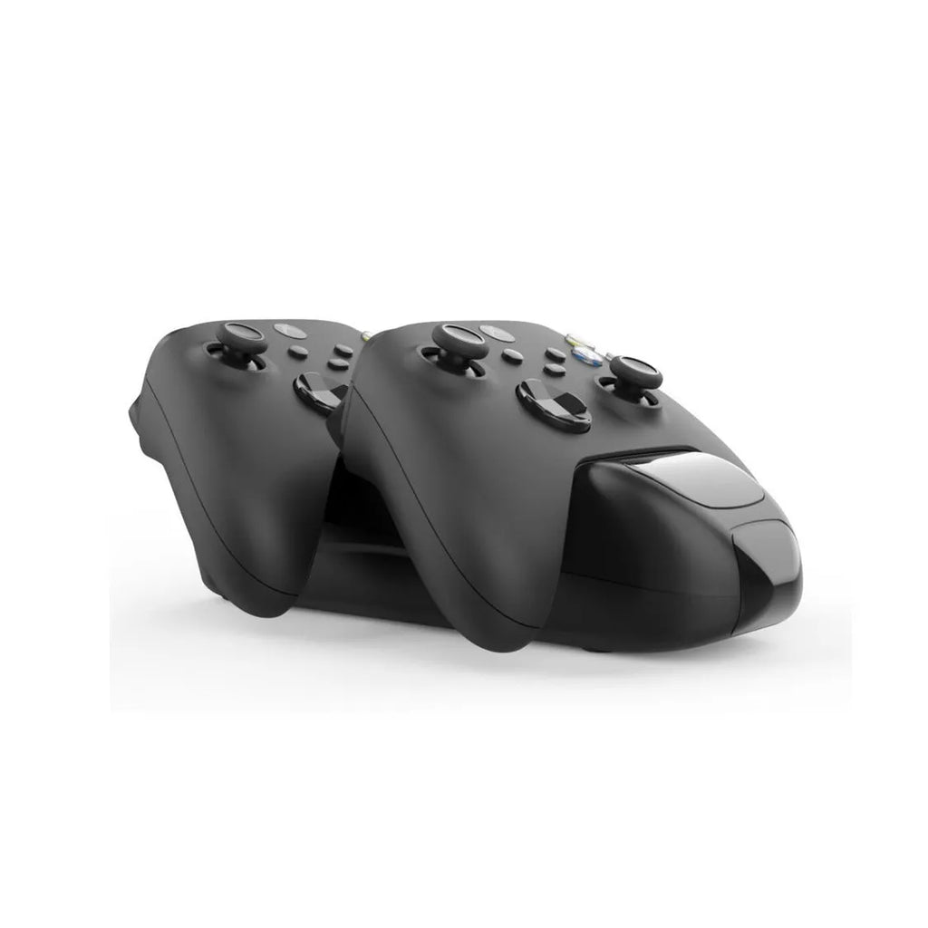 Black Xbox Series X dual controller wireless charging station with LED lights and Type-C cable.