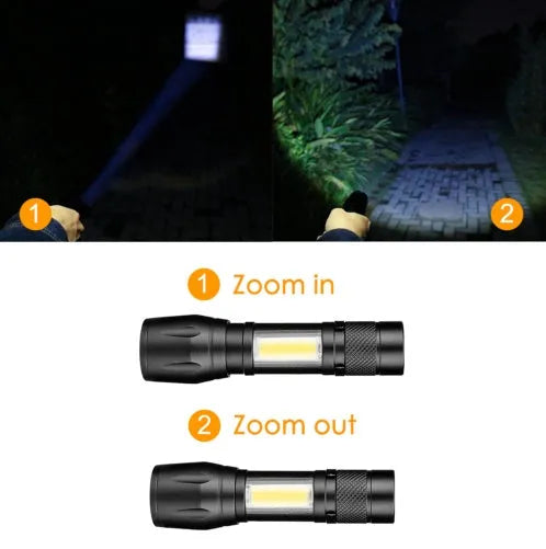 Black mini aluminium telescopic LED torch with pocket clip shown extended and retracted