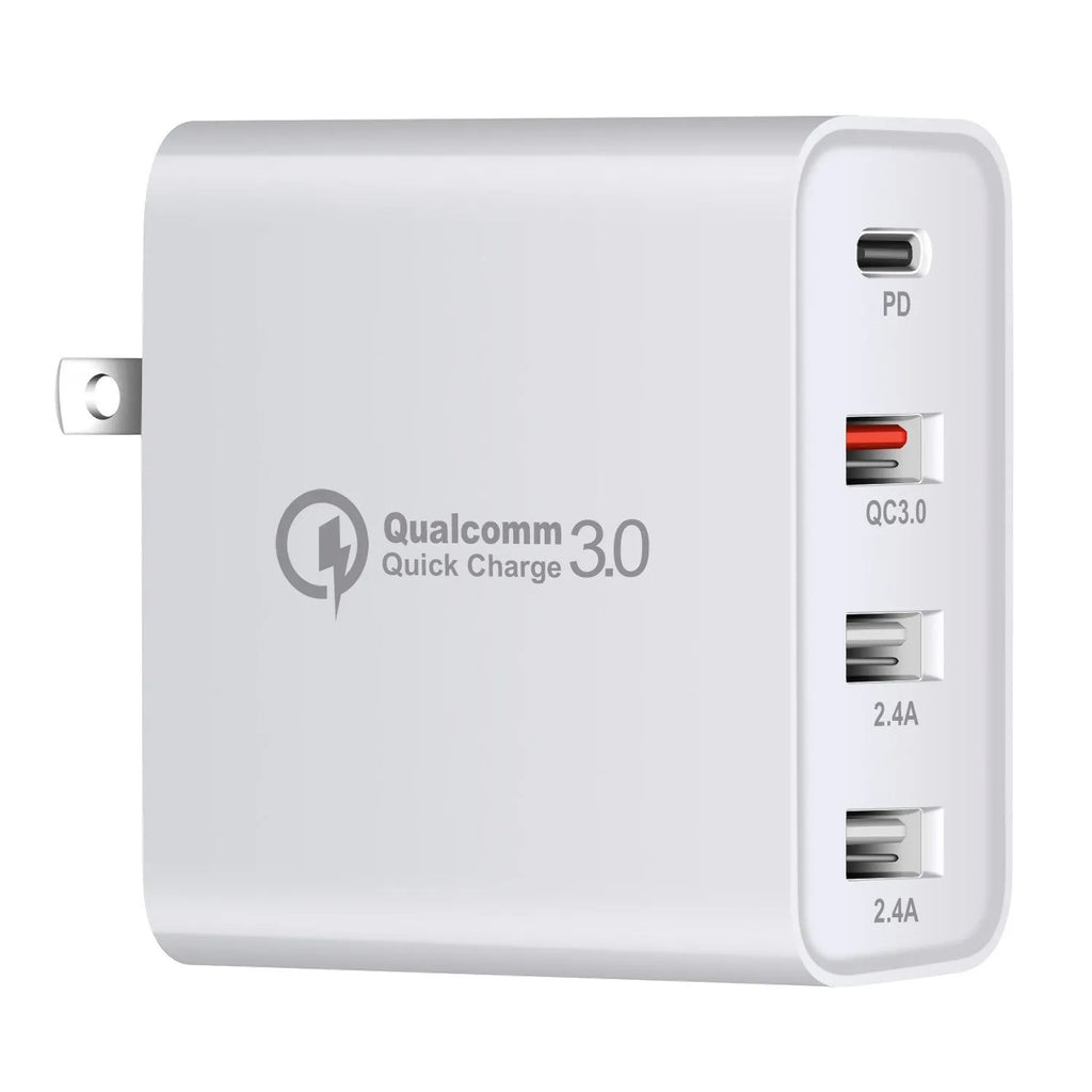 Four-port USB-C PD wall charger with international plug adapters in black or white