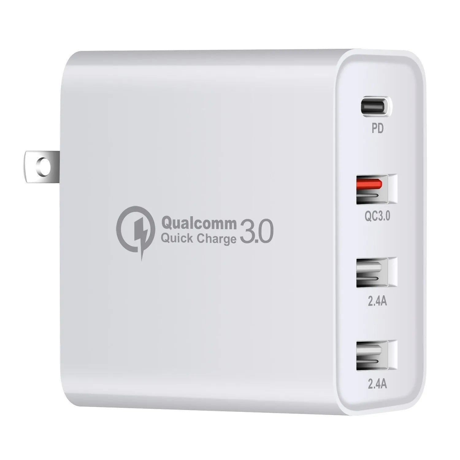 Four-port USB-C PD wall charger with international plug adapters in black or white
