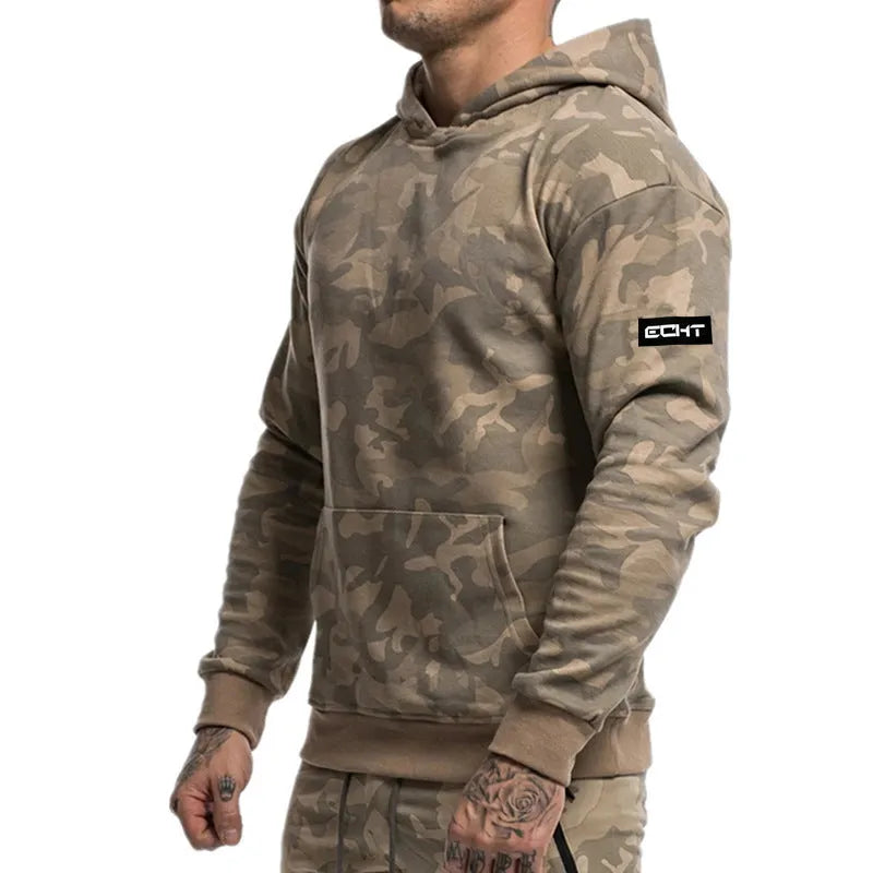 Men's camouflage cotton pullover hoodie in Dark Blue for gym fitness training