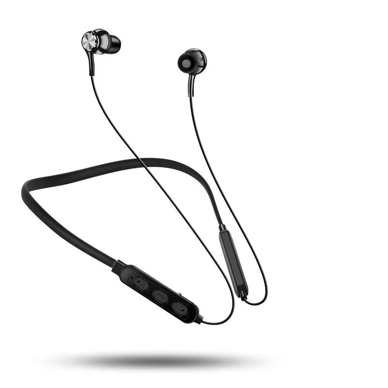 Black Bluetooth neckband sports earphones with earpieces and USB cable