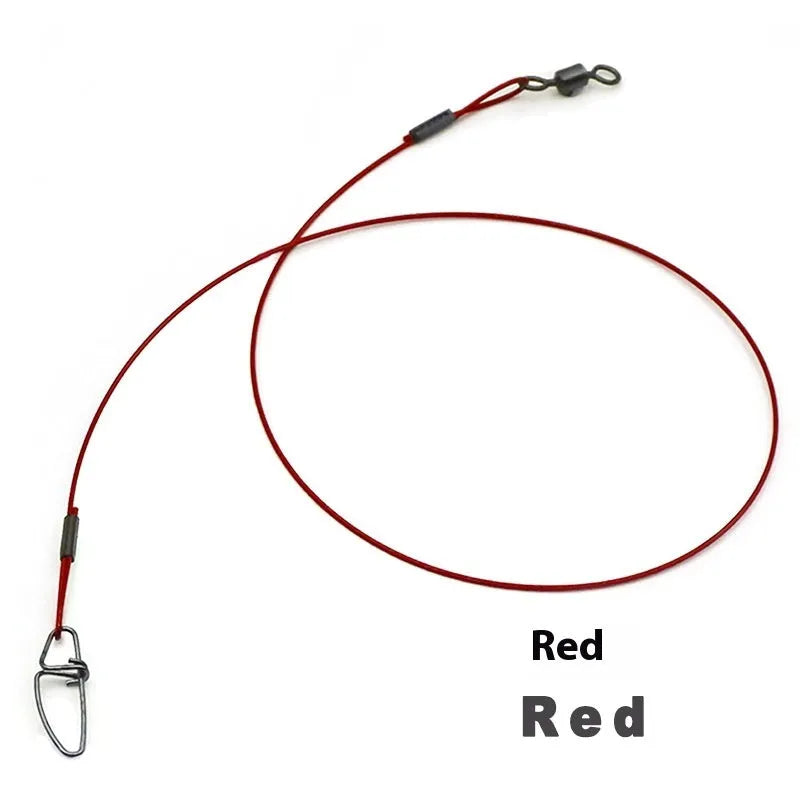 Set of 10 anti-bite steel wire fishing accessories with double buckle pins in black, green, and red colours