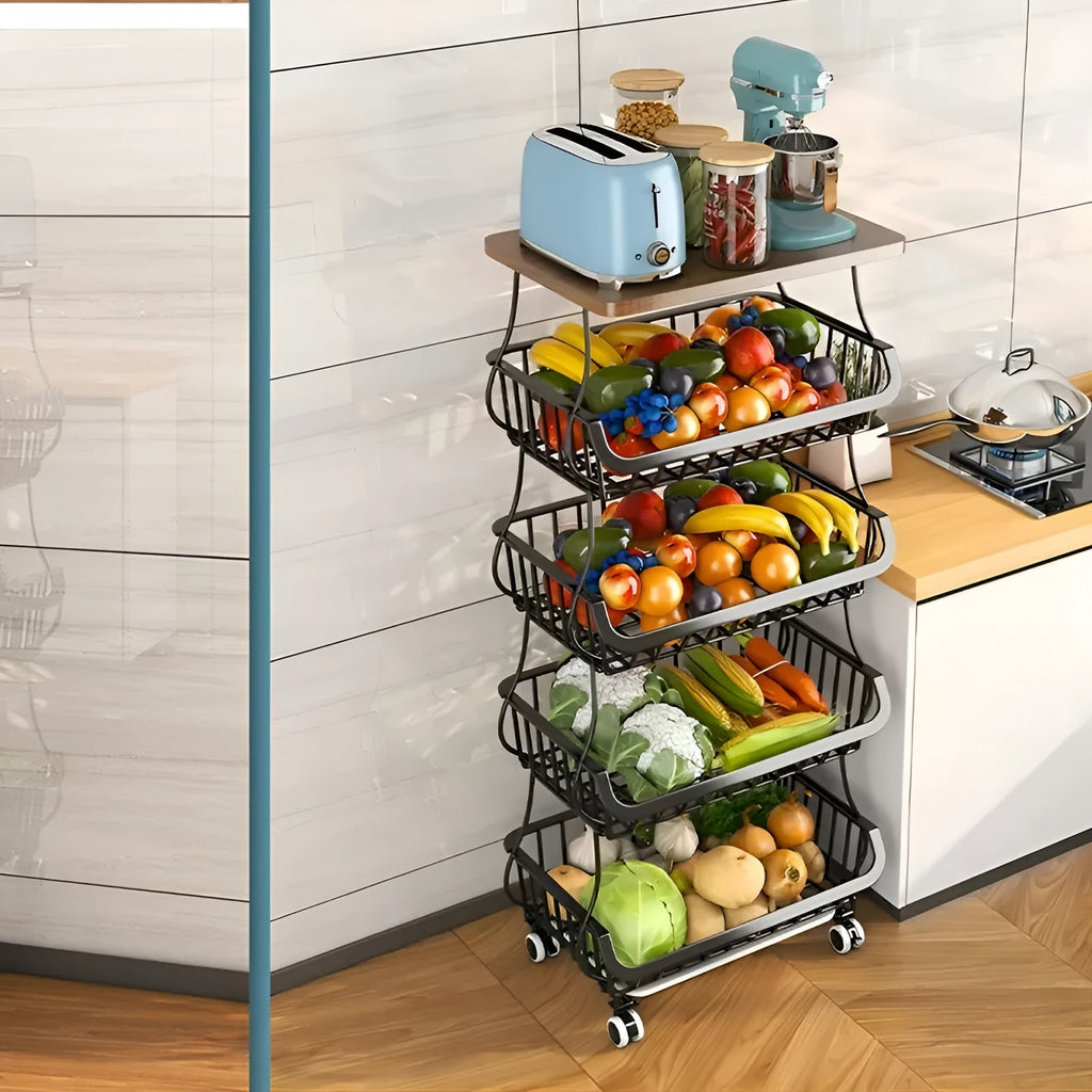 Black freestanding six-layer metal kitchen storage shelf unit on a floor.