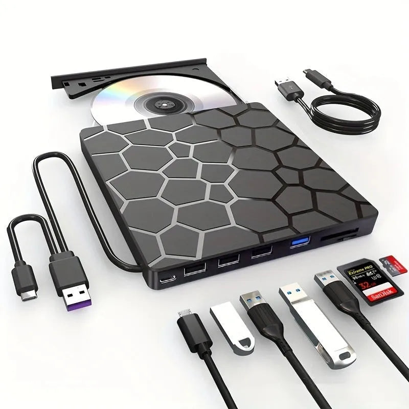 Black external USB CD drive and writer with compact rectangular design for laptops and desktop computers