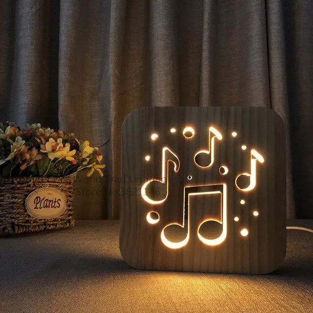 Square wooden LED atmosphere lamp with warm white glow and USB power cable