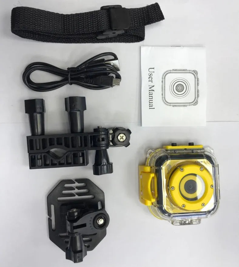 Yellow children's waterproof sports camera with compact design showing front view and control buttons