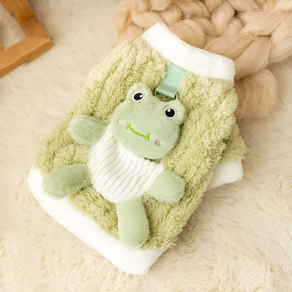 Green fluffy frog cartoon pet hoodie with 3D decal and D-ring for small medium dog cat