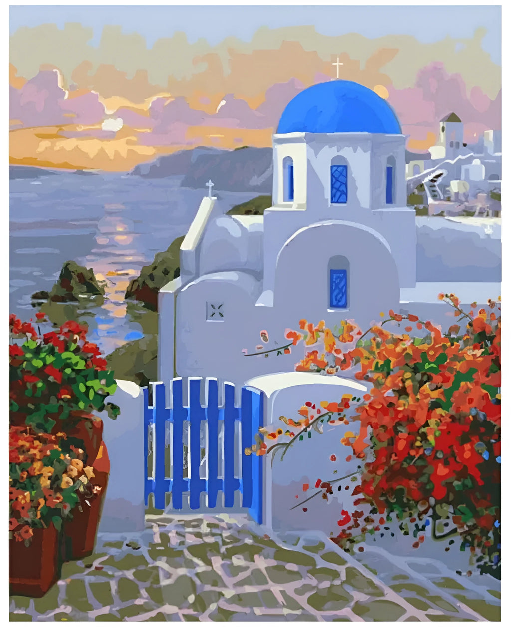 DIY digital oil painting kit showing sea view villa pattern on 40x50cm frameless canvas with acrylic paints and brushes