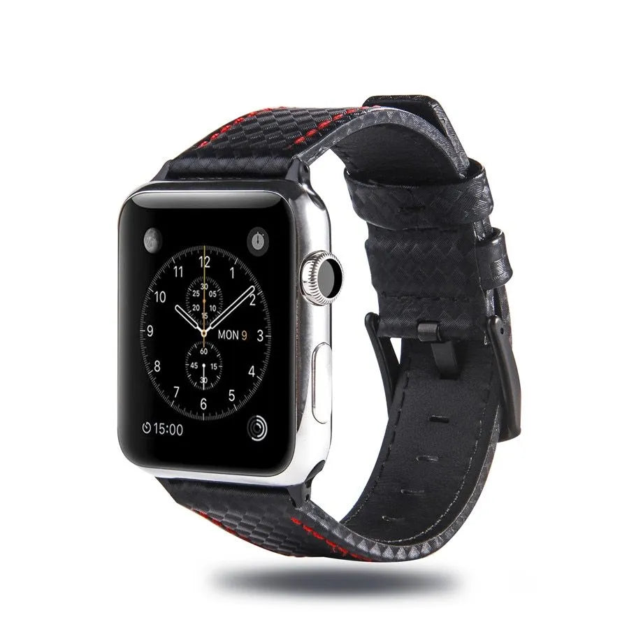 Carbon fibre pattern leather iPhone watch strap and matching hard shell case in four colour options