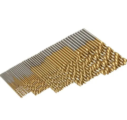 50-piece titanium coated HSS steel drill bit set with sizes from 1.0mm to 6.5mm for metal, wood, plastic and masonry drilling