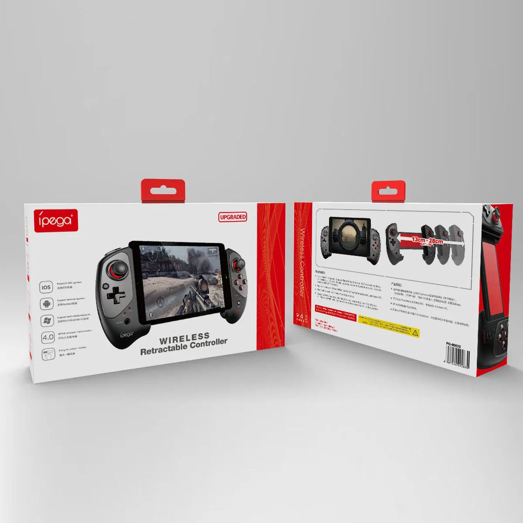 Red telescopic Bluetooth gamepad for Android iOS and PC gaming with USB cable