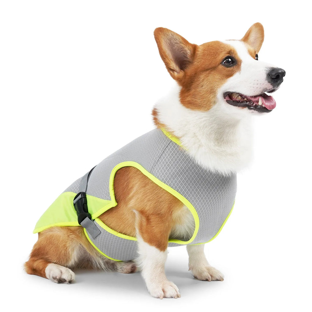 Polyester dog cooling vest shown in light grey colour with sizing measurements displayed