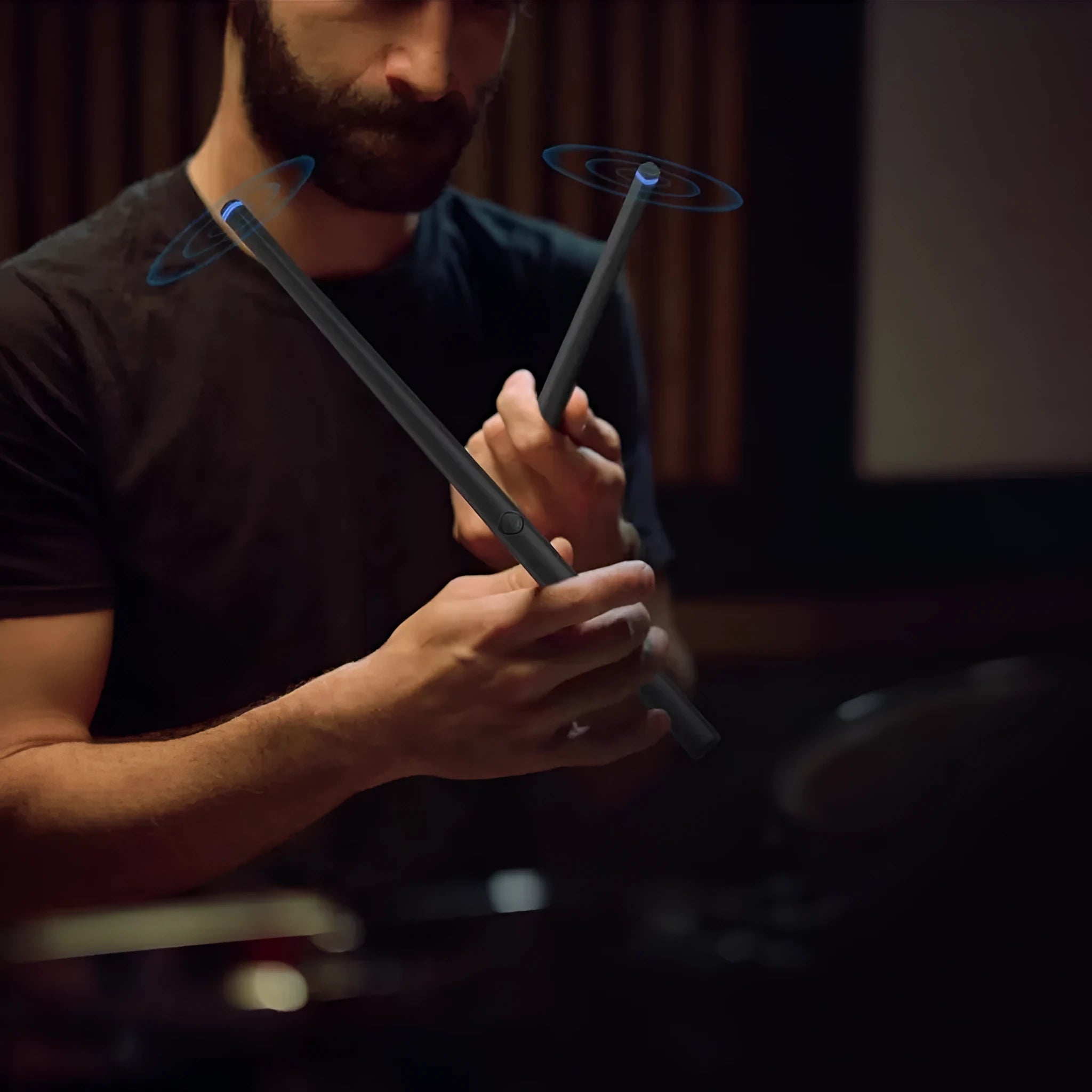 Black somatosensory air drum kit virtual AR toy with wireless connectivity and LED lighting
