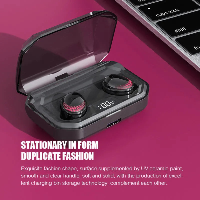 Black X10 wireless Bluetooth headset with a compact charging case on a white background.