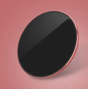 Ultra-thin aluminium alloy wireless charging pad in a choice of colours showing LED indicator and Micro USB port.