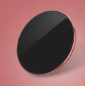 Ultra-thin aluminium alloy wireless charging pad in a choice of colours showing LED indicator and Micro USB port.