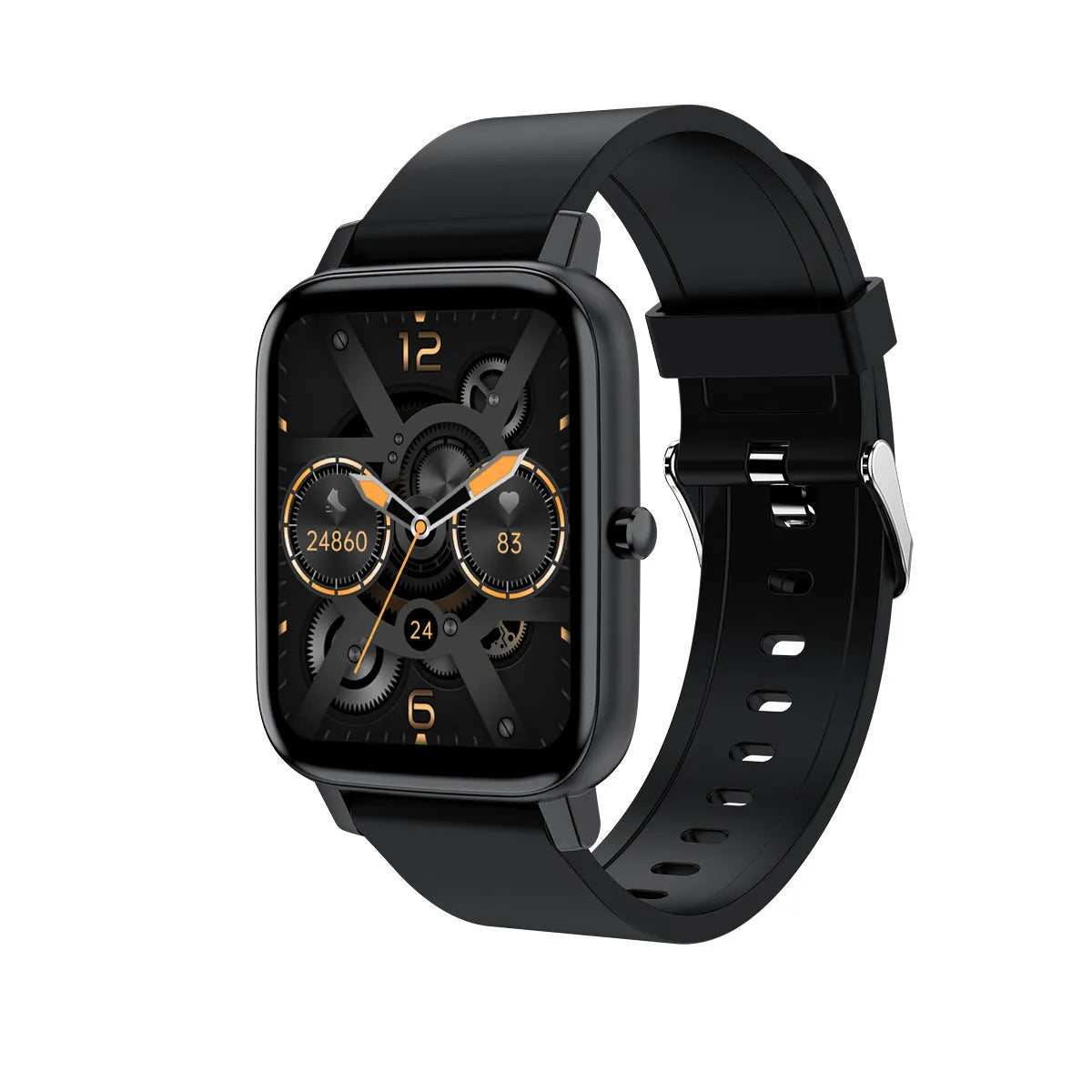 H80 sports smart watch with black silicone strap showing ECG and blood oxygen monitoring on its 1.69-inch screen.