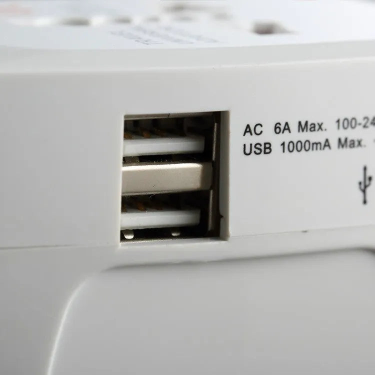 White universal travel plug adapter with two USB ports and flat-top socket showing AU, EU, US, UK plug compatibility
