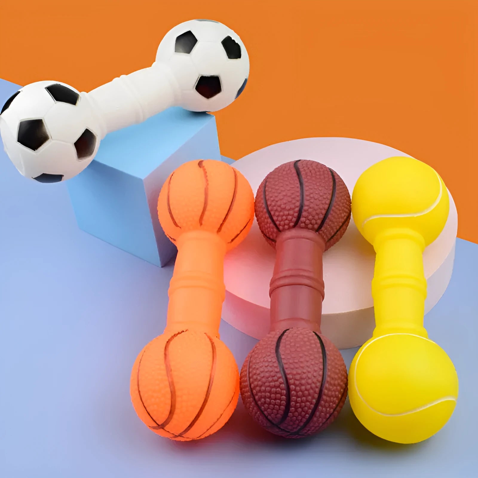 Brown orange white yellow football dumbbell shaped PVC squeaky dog chew toy
