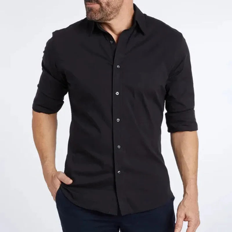 Men's long sleeve zipper shirt with lapel collar, solid colour cotton blend, slim fit, front zipper and button detail
