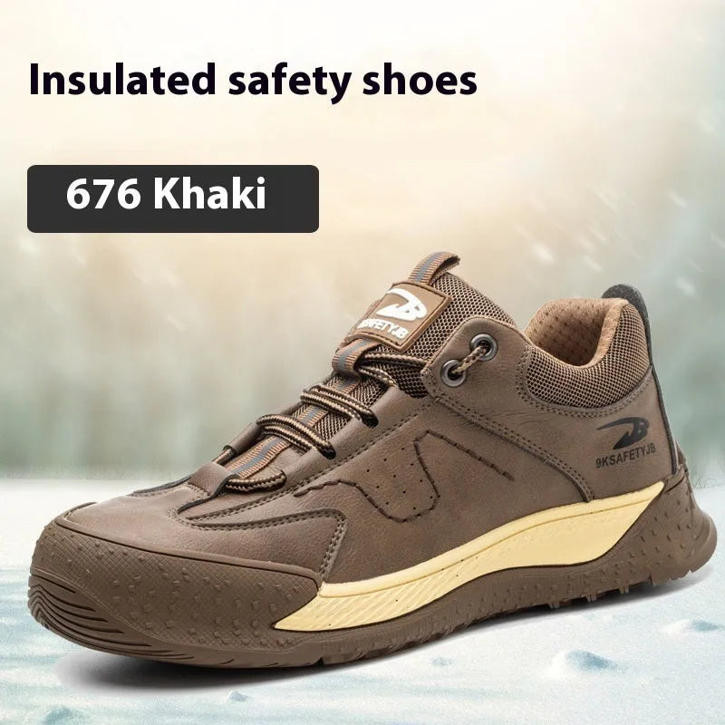 Flyknit safety work shoes with leather upper and rubber sole in multiple colour options