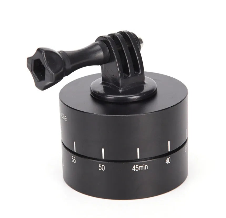 Lapse 360 degree auto rotate camera tripod head base on a black background