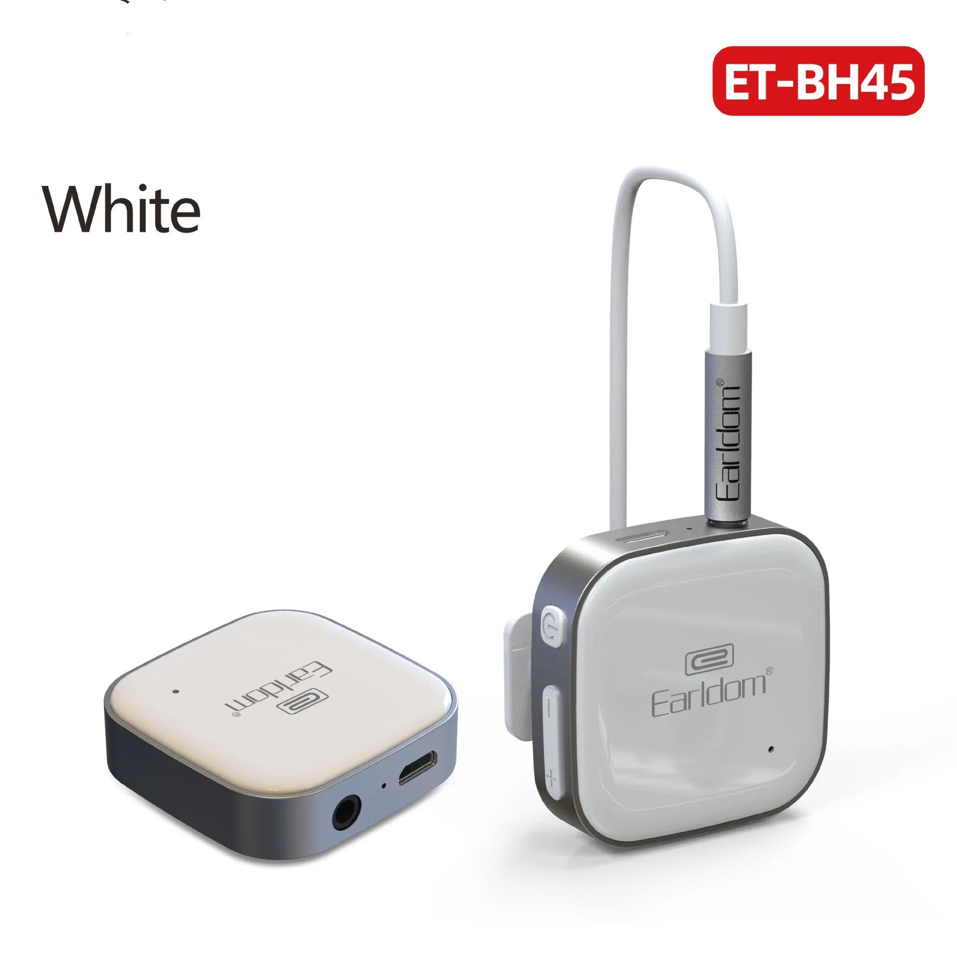 Bluetooth lavalier headphones with audio receiver showing colour options and lavalier clip design