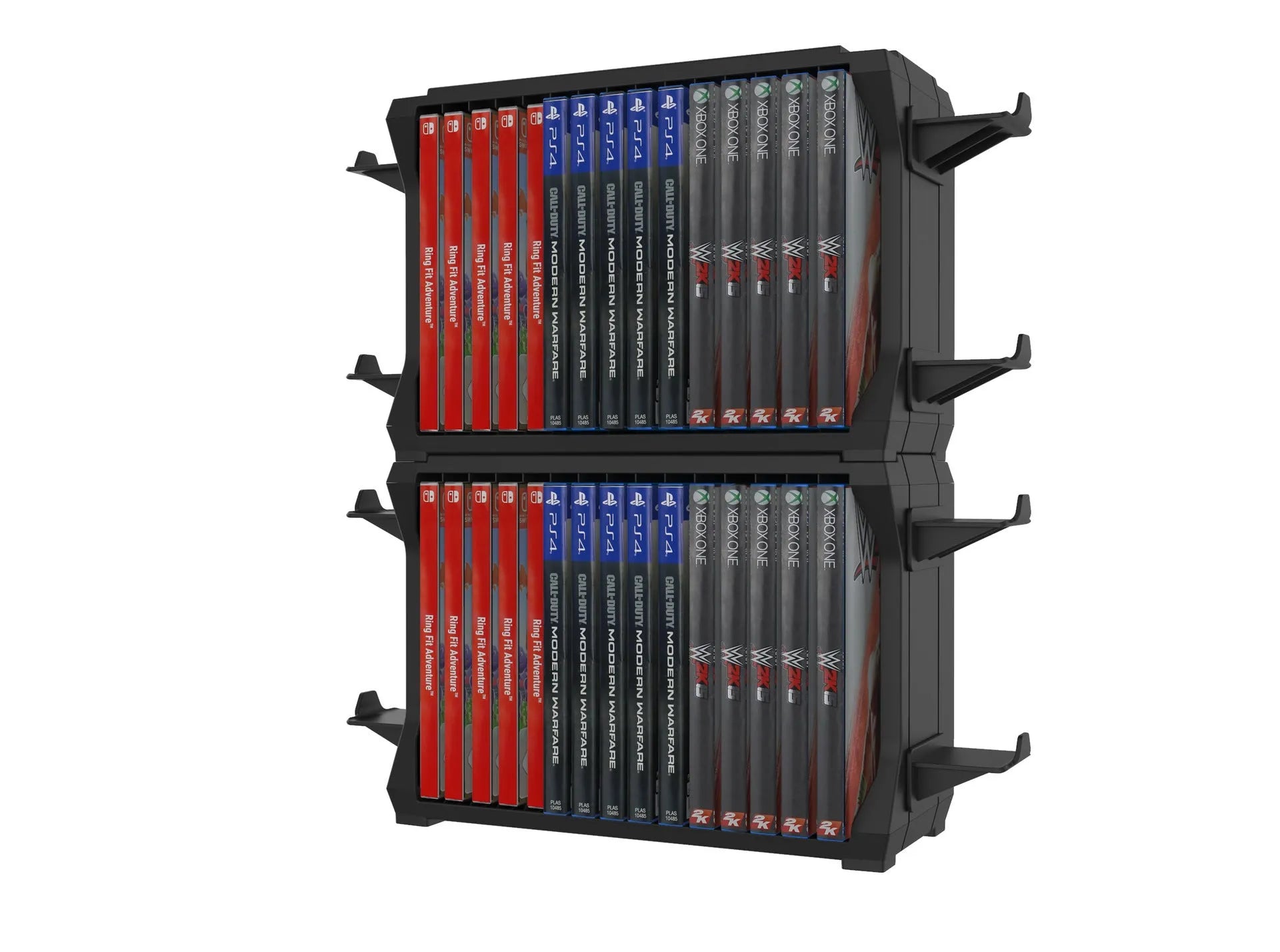 Black PS5 and Xbox Series X disc holder and controller stand made of ABS plastic.