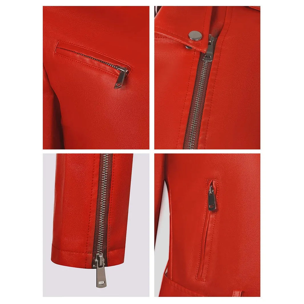 Women's black PU leather motorbike jacket with lapel collar and detachable short belt.