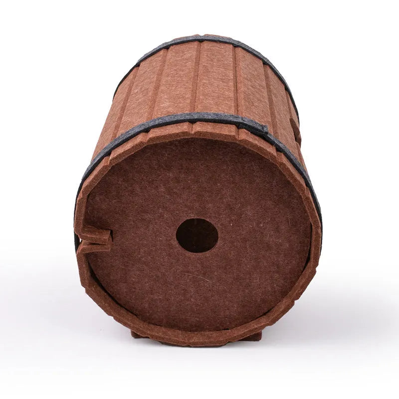 Wine barrel shaped DIY cat bed made from three grey felt pieces with binding straps