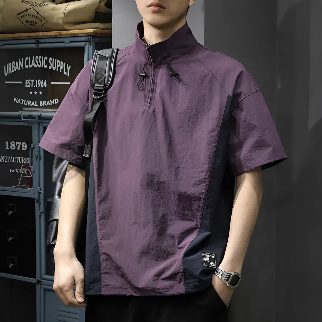 Men's brown half zip stand collar shirt with short sleeves and loose fit