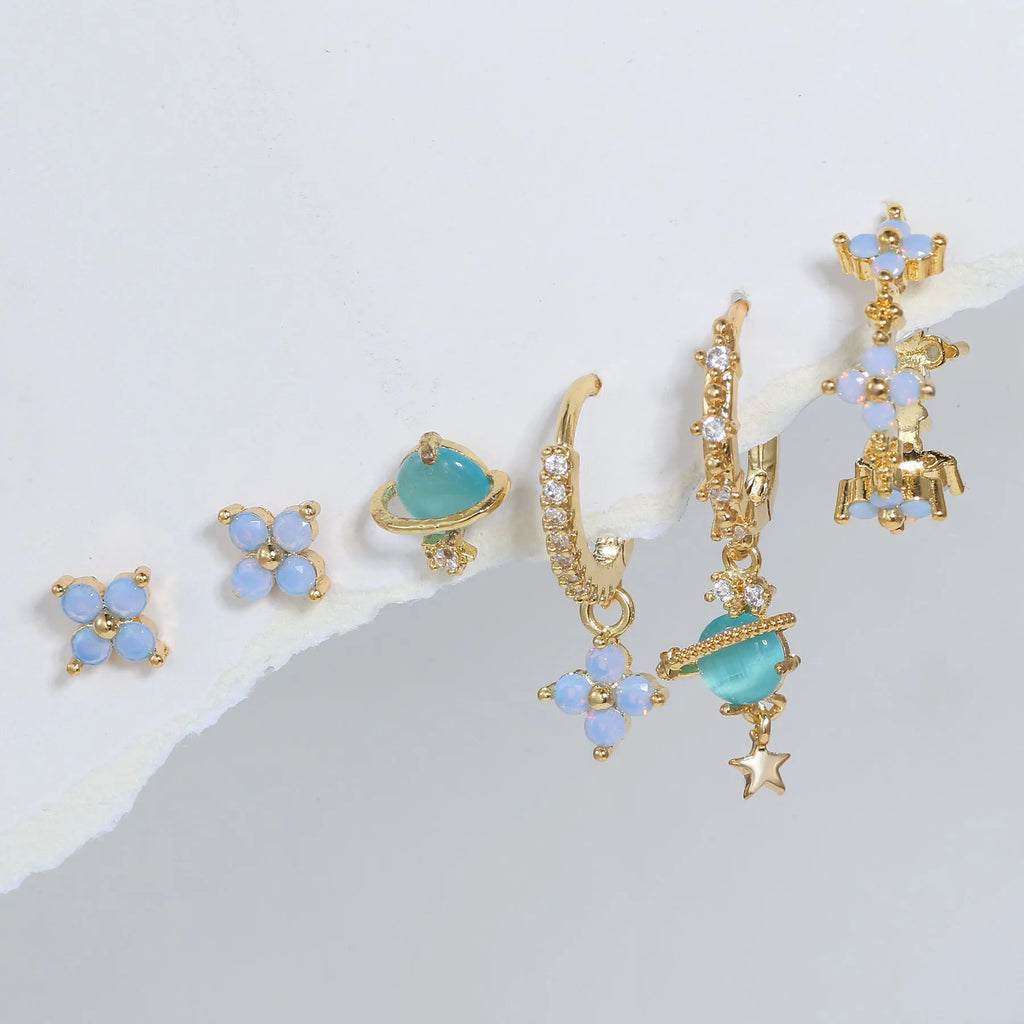 Japanese Korean style flower earrings with zircon mosaic on copper in gold and silver colours